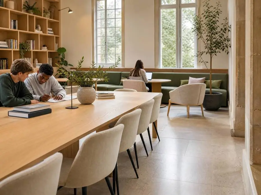 Residents studying together in an AXO social space
